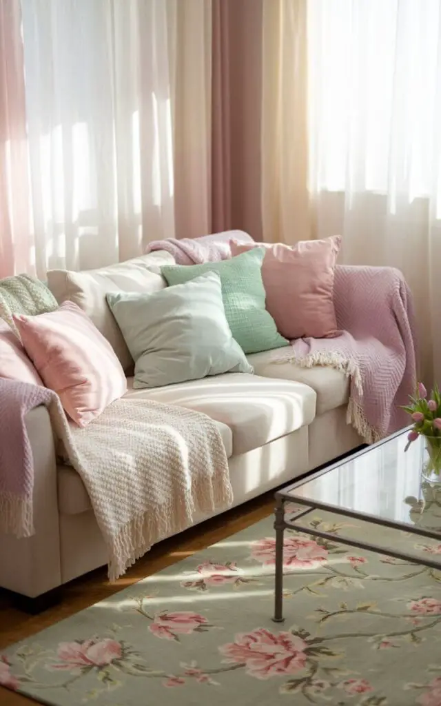 A living room with a cozy sofa adorned with pastel-colored throw pillows in blush pink, mint green, and soft lavender. A floral-patterned rug is placed on the floor. A glass coffee table holds a small bouquet of tulips. Sunlight streams through sheer white curtains, casting a warm glow over the room. Textured blankets are draped over the arm of the sofa. The walls are painted in a subtle pastel hue, matching the decor.