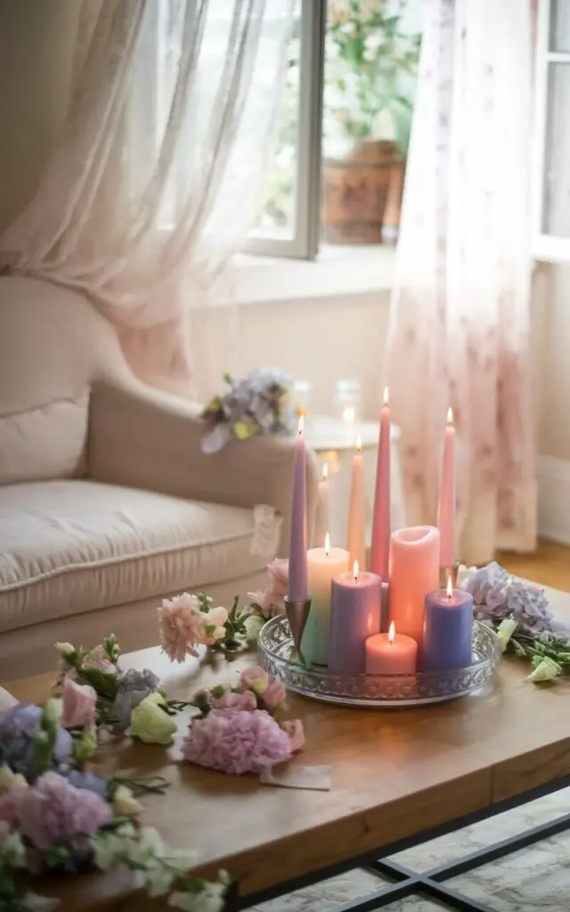 A photo of a warm and inviting spring living room. There's a cozy sofa beside a wooden coffee table. The table is adorned with pastel-colored candles in various heights. The soft hues of lavender, mint, and blush pink blend beautifully with the floral arrangements scattered throughout the space. An elegant glass tray holds a collection of scented candles, their gentle glow enhancing the cozy atmosphere. Sheer white curtains flutter near the open windows, letting in a fresh spring breeze.