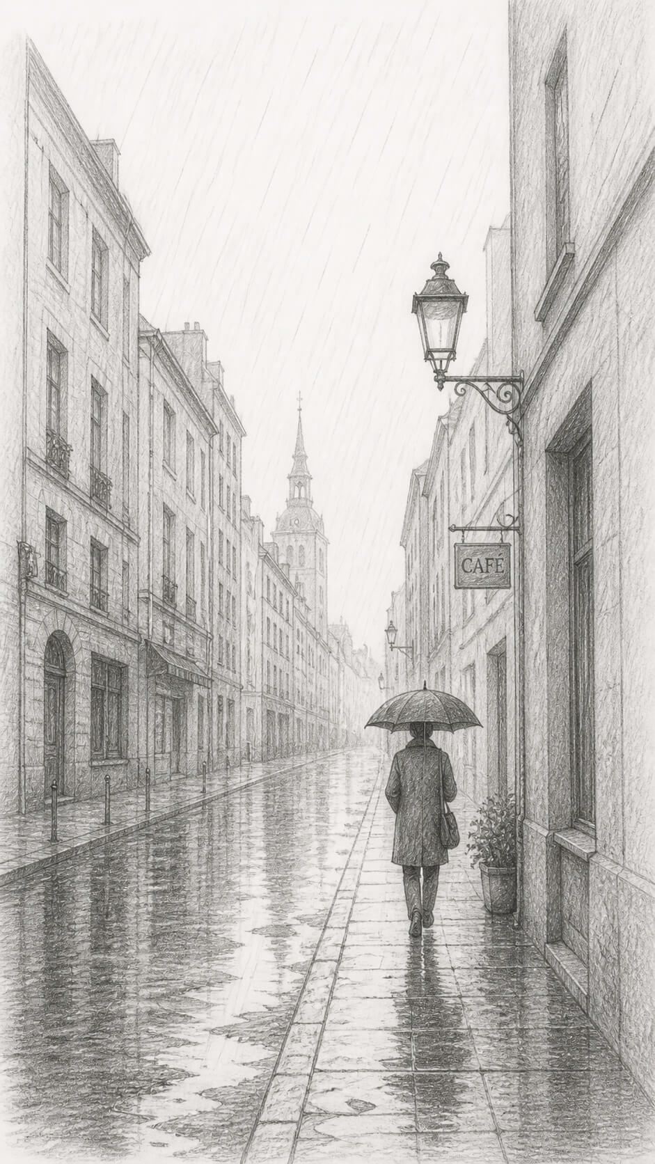 Rainy city alley in graphite sketch