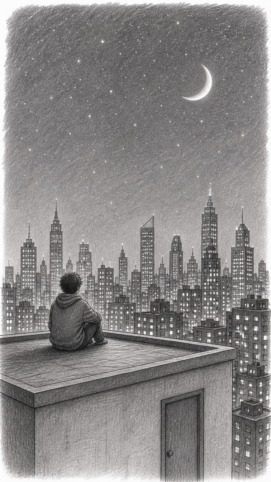 Rooftop solitude under starry skies