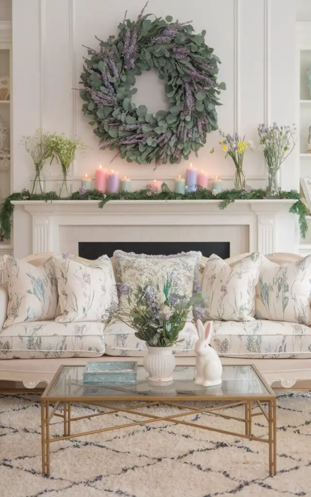 A photo of a welcoming spring living room with a very cozy sofa featuring floral-patterned cushions. Above the fireplace, a stunning eucalyptus and lavender wreath adds a fresh seasonal touch. The mantel is decorated with small vases of wildflowers and pastel-colored candles. A plush area rug in soft cream tones lies beneath a glass coffee table adorned with a ceramic bunny figurine. The room radiates charm and elegance, perfect for celebrating the season.