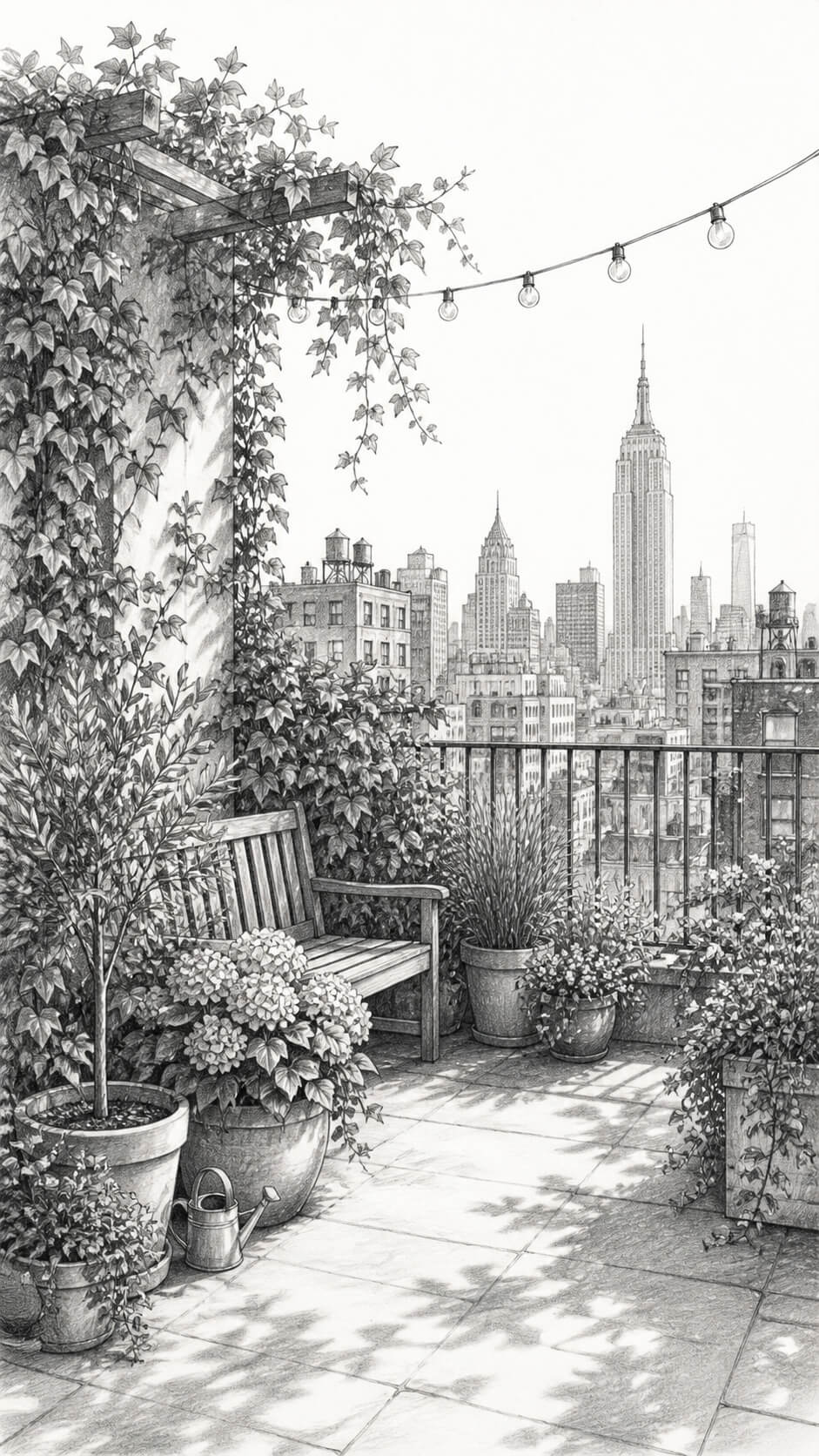 Serene rooftop garden with city view