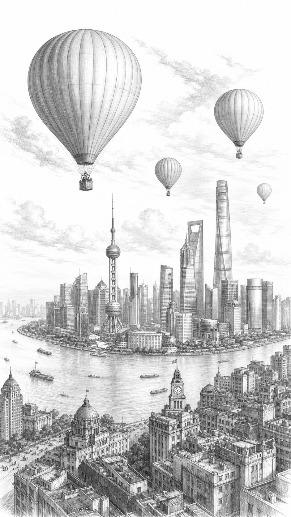 Shanghai skyline with floating balloons