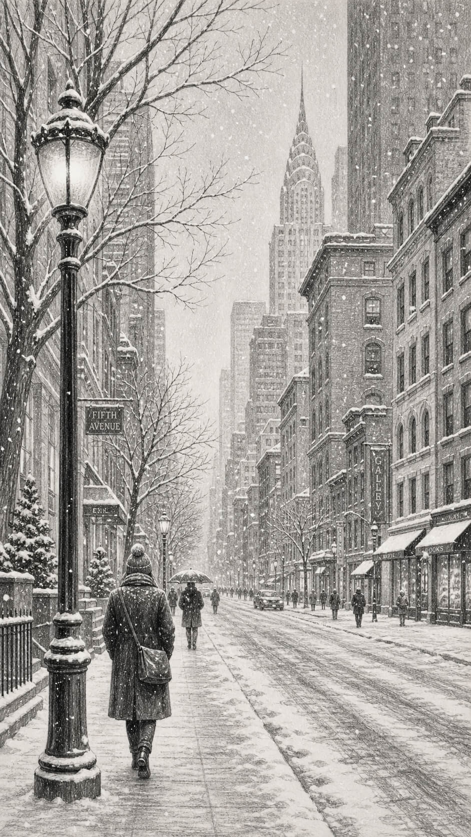 Snowy street in winter cityscape