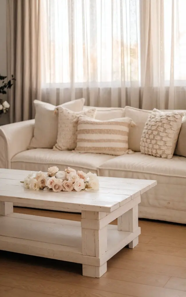 A photo of a minimalistic yet cozy spring living room. There's a cream sofa layered with textured white and beige throw pillows. A whitewashed wooden coffee table holds a delicate arrangement of white roses. The room has light oak flooring. Soft, sheer curtains allow the golden afternoon light to filter through, creating a peaceful and refreshing atmosphere perfect for the season.