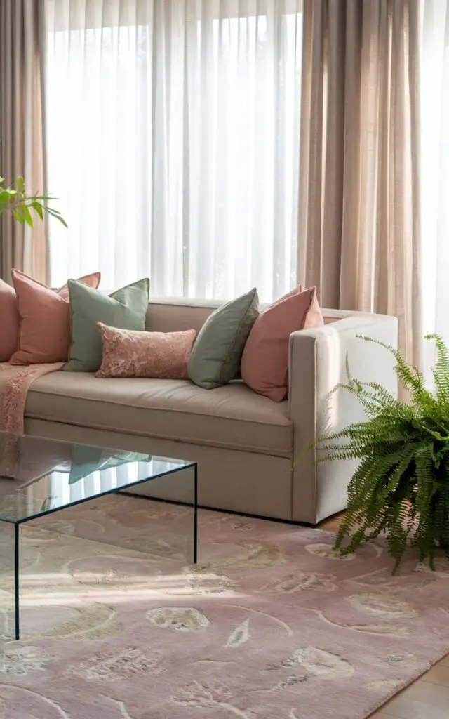 A photo of a tranquil spring living room with a cozy sofa sitting atop a plush pastel-colored area rug. The rug's soft texture and subtle floral patterns add warmth and elegance to the space. A modern glass coffee table reflects the natural light streaming through sheer curtains. Scattered around the room are decorative pillows in complementary hues, enhancing the cozy ambiance. A potted fern in the corner introduces a lively touch of greenery, completing the fresh and seasonal aesthetic.