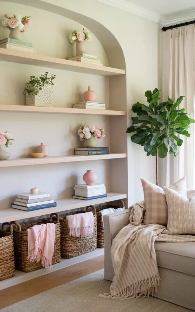 A spring living room with a beautifully styled bookshelf. The bookshelf has a few pastel-colored books, delicate floral vases, and one small potted plant. Woven baskets on the lower shelves store lightweight throws. There is a cozy sofa nearby. The room has a soft color palette and a thoughtful arrangement, creating an inviting and harmonious springtime retreat.