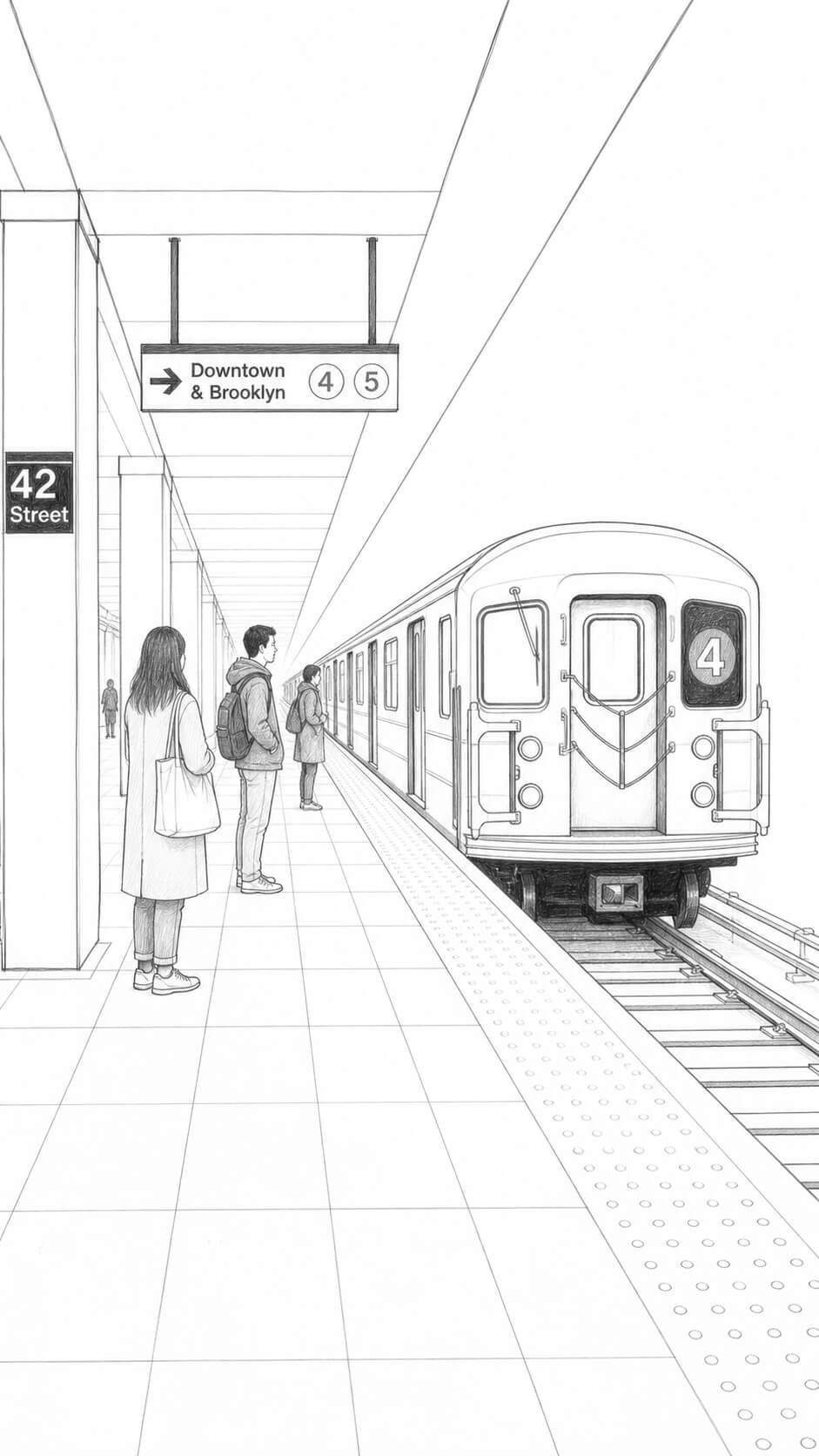 Subway platform journey in graphite sketch