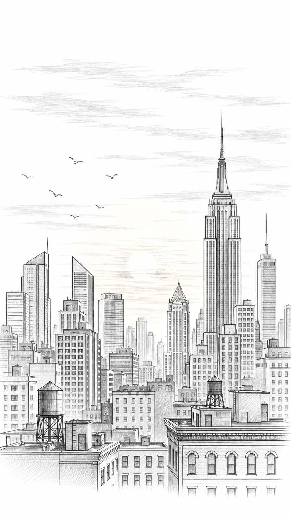 Urban skyline at sunrise in pencil