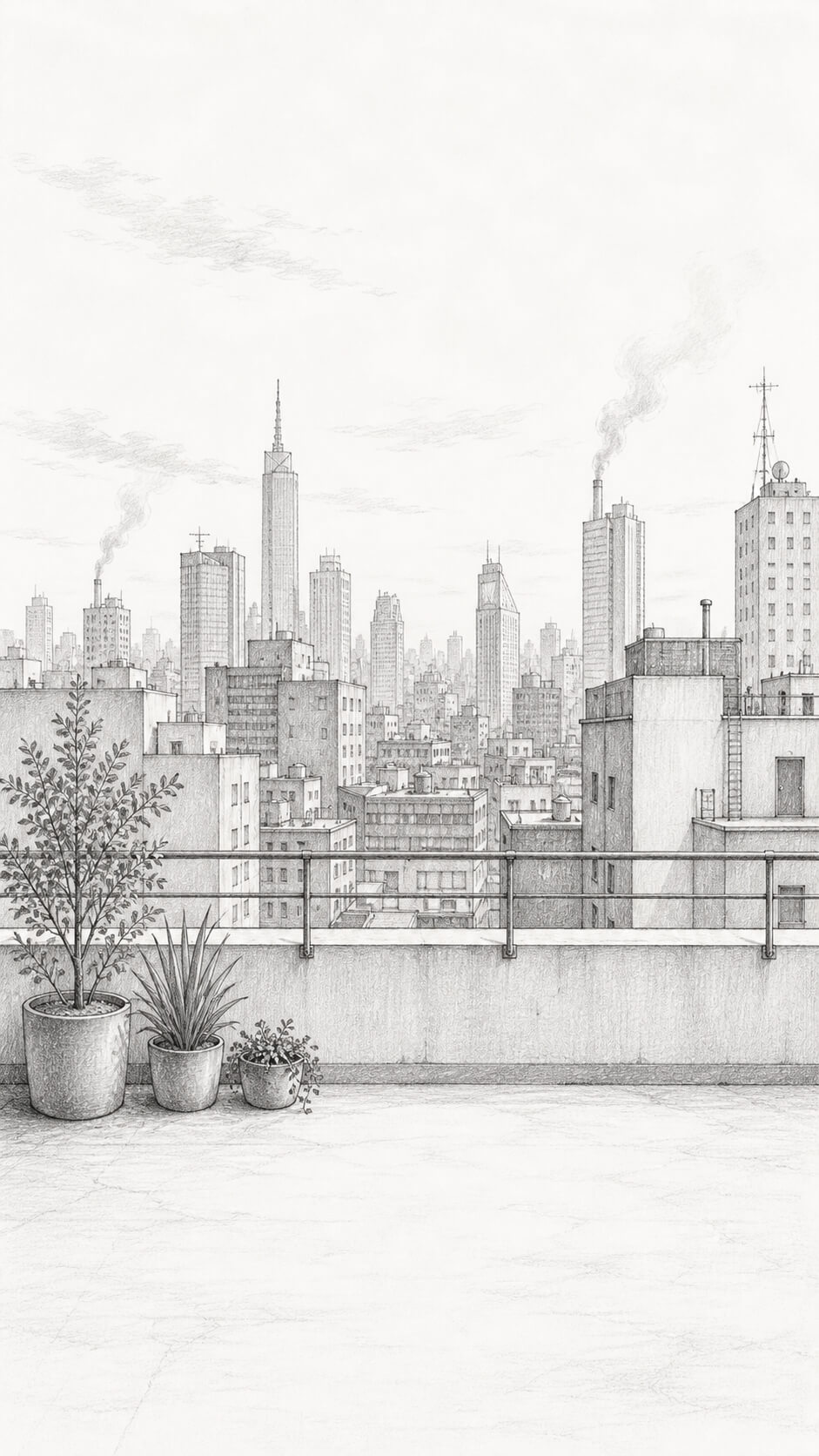 Urban skyline from a quiet rooftop