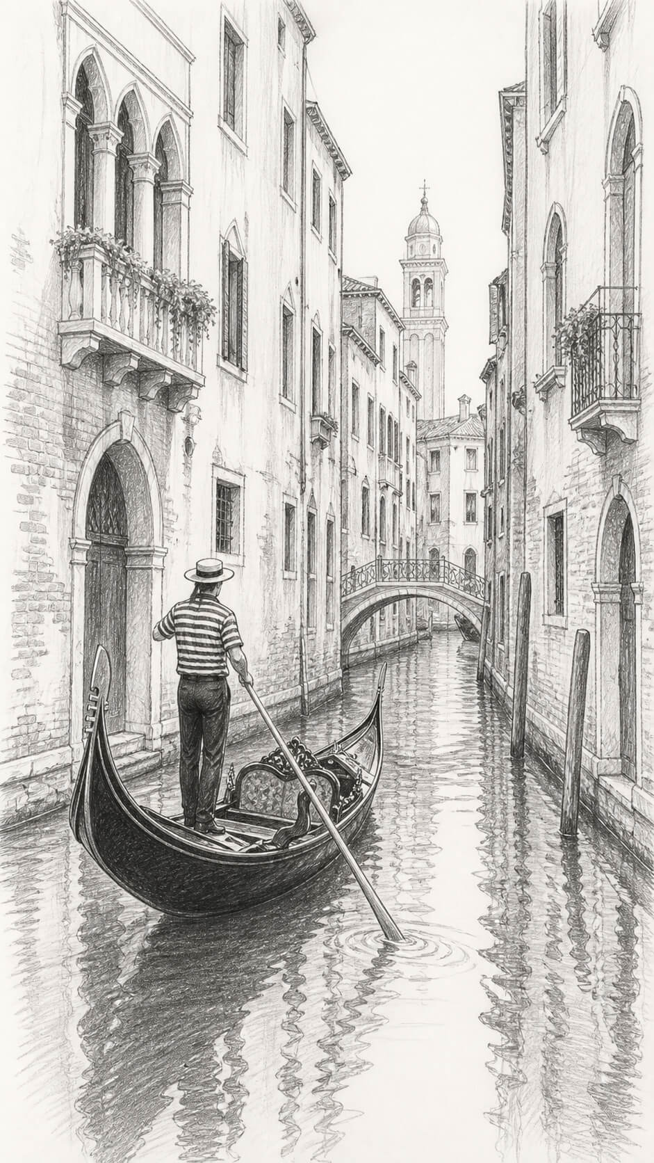 Venetian canal with gondola and bridge