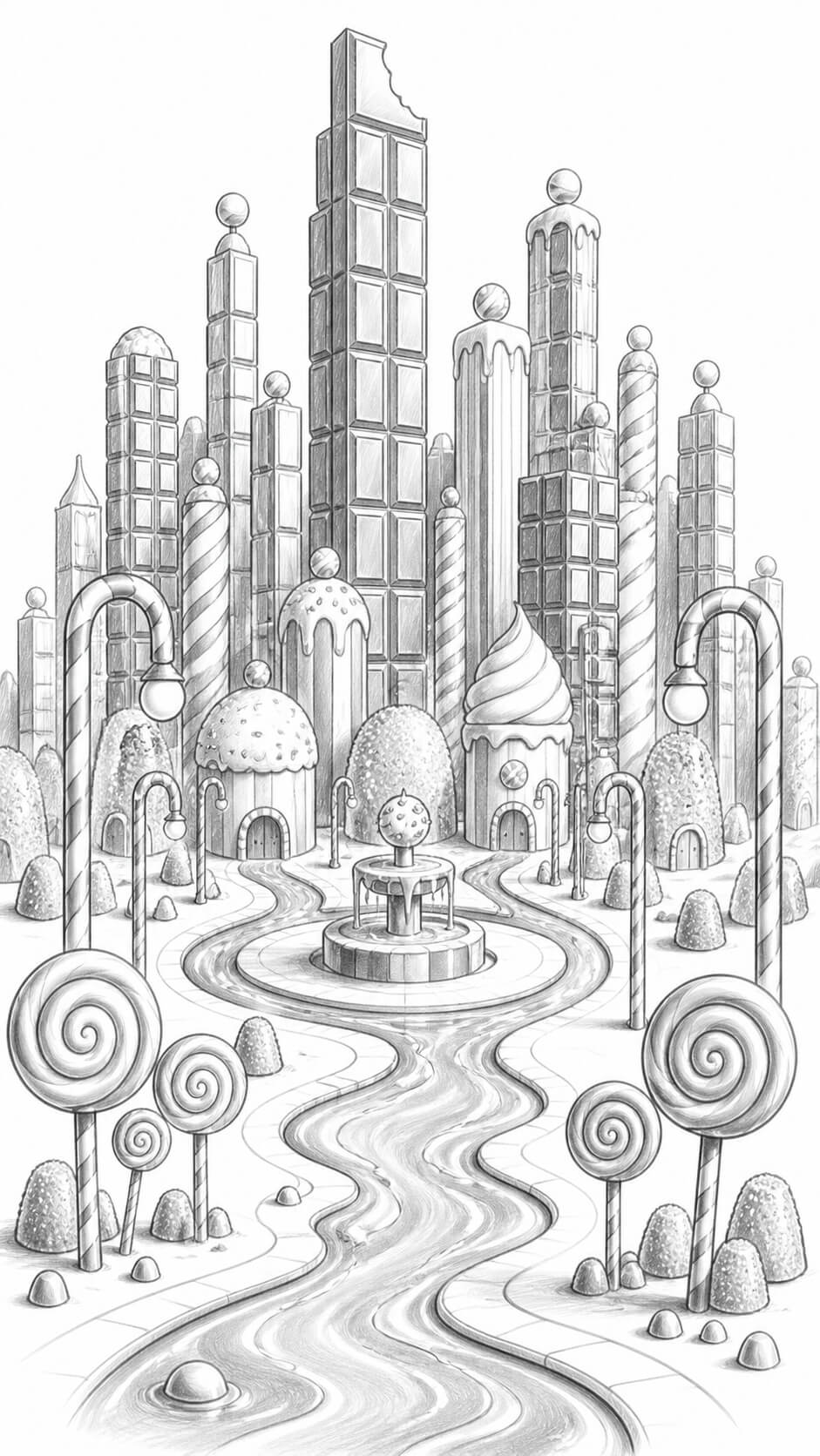 Whimsical candy cityscape in graphite