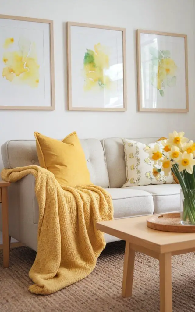 A photo of a vibrant and refreshing spring living room. There's a cozy sofa with yellow accent pillows. A soft mustard-hued throw blanket is draped over the arm of the sofa. A sunny bouquet of daffodils sits on the coffee table. The room has light oak furniture and a jute rug. The walls are decorated with framed watercolor art in soft yellows and greens. The cheerful color scheme creates an uplifting and inviting environment.