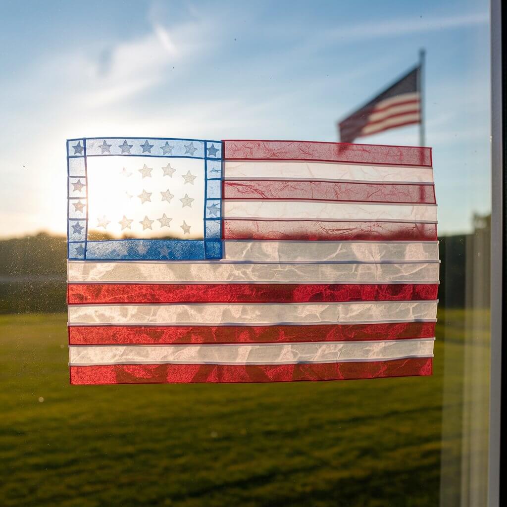 A photo of a simple homemade craft displaying a DIY sun catcher in the shape of the American flag. The flag is made of layered horizontal strips of translucent red and white tissue paper, with a blue rectangle in the corner containing tiny cut-out white stars. The sun catcher is adhered to a clean window, and the sunlight beams through, highlighting the vibrant, glowing colors. In the background, a wide open backyard and a fluttering flag pole create a perfect Memorial Day setting.