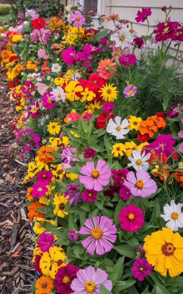 A vibrant close-up shot of a flower bed in front of a house. The flower bed is filled entirely with annuals in peak bloom. There are bold zinnias, cosmos, petunias, and marigolds. The flowers are packed tightly, with no soil visible beneath them. Mulch lines only the border of the bed, framing the kaleidoscope of petals. The composition is bold, joyous, and high-impact.