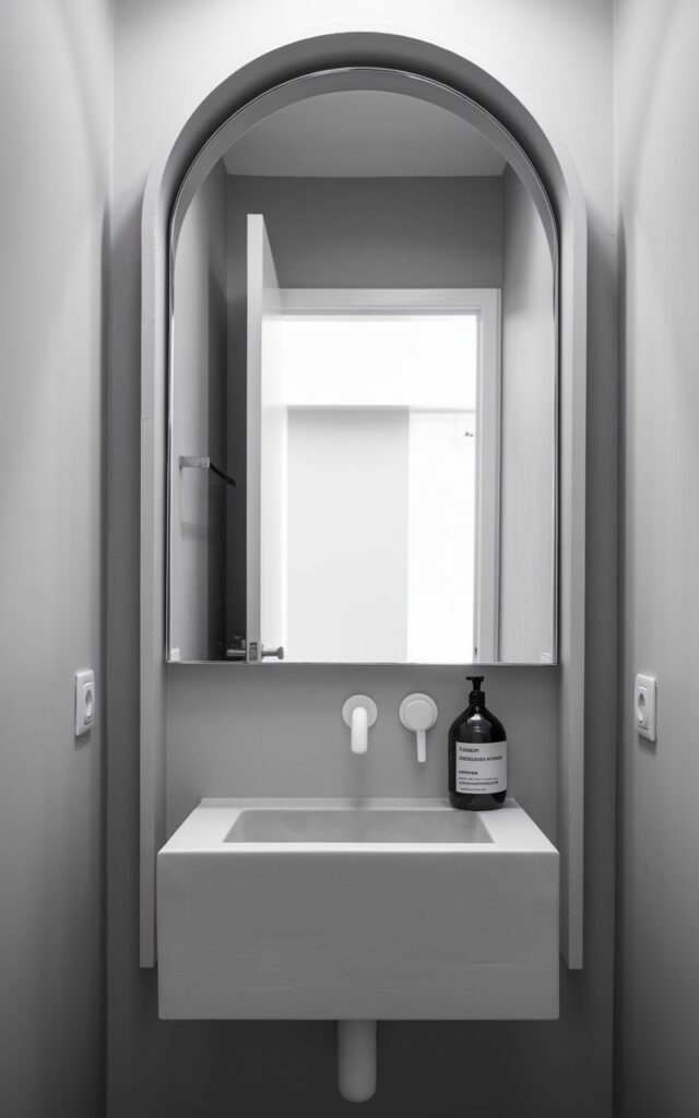 A photo of a small powder room with a modern design. An elegant arched mirror dominates the wall above a simple floating vanity. The mirror's curved lines contrast beautifully with the straight lines of the minimalist modern faucet and the clean, geometric sink. A clear soap bottle, labeled with minimalist text, sits neatly beside the faucet. The entire room is washed in soft, neutral tones—light gray walls and white fixtures create a serene atmosphere. The mirror reflects the bright open white door on the background which shows an entryway, adding an illusion of depth and enhancing the room's sense of space.