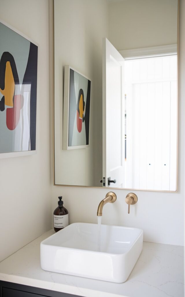 A small powder room with a contemporary art piece above the vanity. The art has bold colors and contrasts with the soft white walls. Below the artwork, there is a sleek modern faucet in brushed brass, flowing into a white, square sink. A clear soap bottle with minimalist labeling is placed on the countertop. A large rectangular mirror reflects the bright open white door in the background, leading to an entryway. This reflects natural light, making the space feel more expansive and inviting.