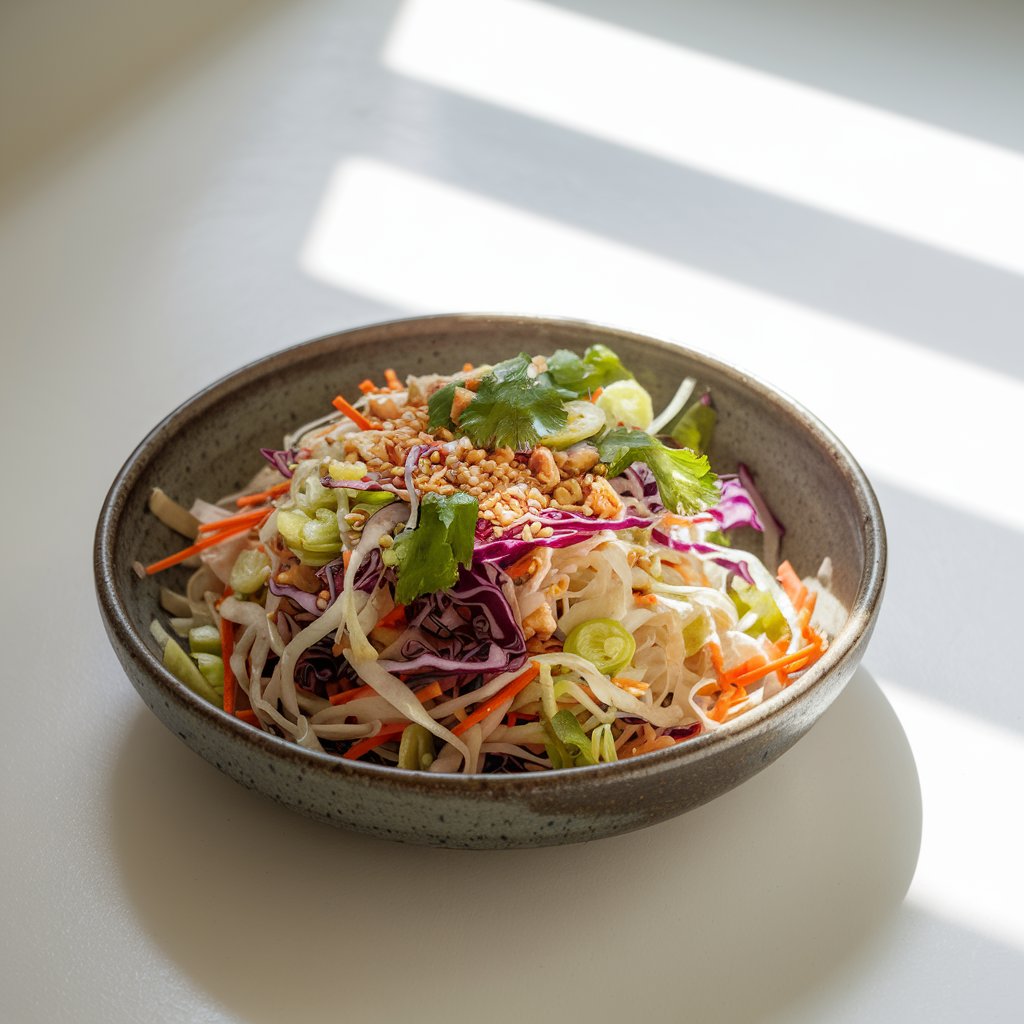 A photo of a chilled rice noodle salad with a tangy sesame-soy sauce dressing. The salad is tossed with shredded purple cabbage, carrots, scallions, and cilantro. There is a scatter of sesame seeds and crushed peanuts for crunch. The salad is served in a deep ceramic bowl with a matte finish on a bright plain white kitchen countertop. Natural light filters in diagonally, casting a faint glow on the shiny noodles and crisp vegetables.