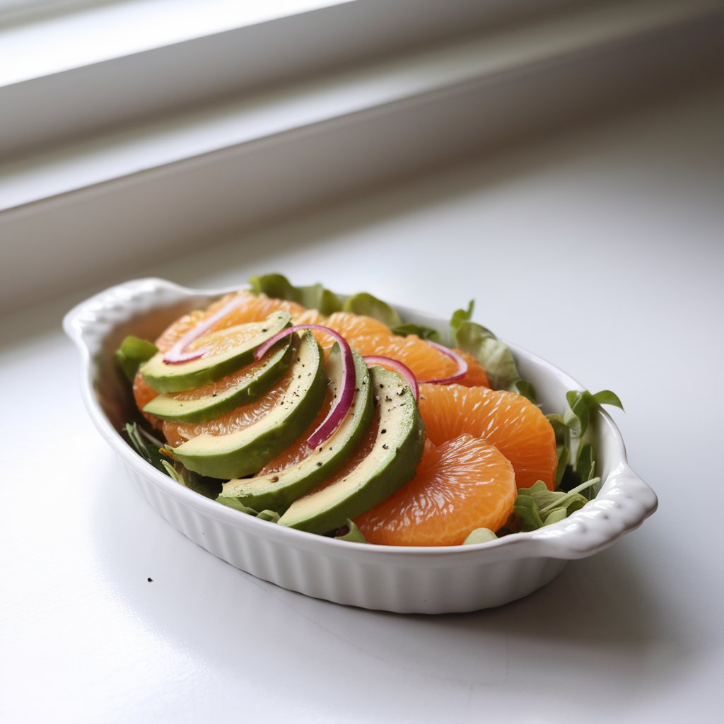 A photo of a porcelain dish containing a citrus salad. The salad consists of sliced avocado fans layered with juicy orange and grapefruit segments on a bed of baby greens. A light citrus vinaigrette glistens on top, and thin red onion slivers add a pop of contrast. The salad is garnished with black pepper. The dish is placed on a bright plain white kitchen countertop. The scene is softly lit by natural light from a nearby window, which brings out the glossy, jewel-like texture of the citrus segments.