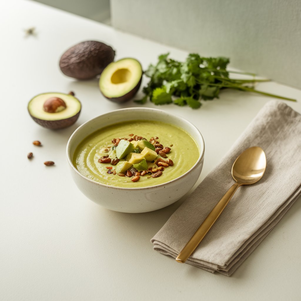 A serene, spa-like atmosphere in a modern kitchen with a pale green summer soup. The soup is served in a minimalist white bowl on a plain white countertop. The soup is topped with a sprinkle of chili, diced avocado, and a scattering of toasted pepitas. A beige linen napkin is folded neatly beside a gold-accented spoon. Halved avocados and a bunch of cilantro lie artistically behind the bowl. The soft natural light from the left adds a gentle shine to the surface.