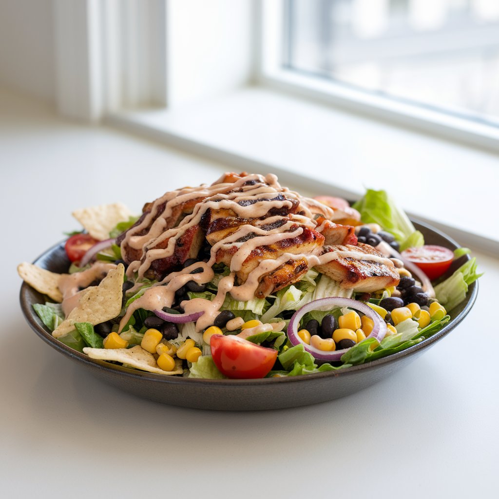 A photo of a wide, shallow bowl filled with a hearty summer salad. The salad is a mixture of shredded romaine, char-grilled BBQ chicken strips, black beans, sweet corn kernels, chopped red onions, halved cherry tomatoes, and crispy tortilla strips. A creamy chipotle ranch dressing is drizzled diagonally across the top. The salad is placed on a bright plain white kitchen countertop, with soft natural light coming from a window behind the bowl, creating subtle highlights on the glossy chicken and crisp vegetables.