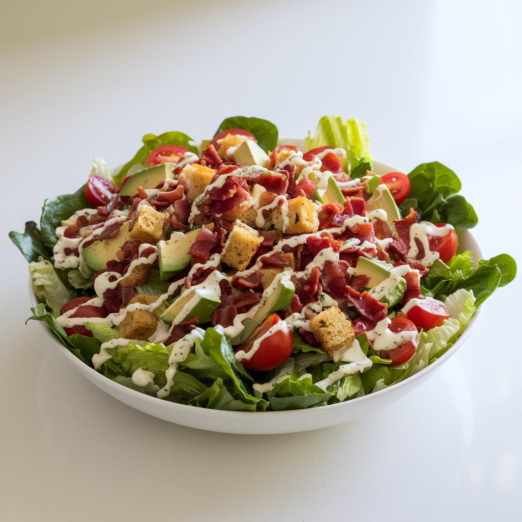 A photo of a large white salad bowl filled with crisp romaine lettuce topped with halved cherry tomatoes, crunchy bacon bits, diced avocado, and homemade croutons. A creamy, herb-speckled ranch dressing is drizzled over the top. The salad is placed on a bright plain white kitchen countertop. The natural light highlights the avocado's smooth texture and the sheen on the crispy bacon.