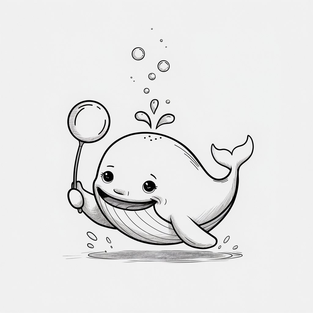 A minimalist, plain white background pencil drawing illustration of a small, cheerful whale holding a bubble wand delicately with its fin. The whale is drawn in a simplistic style, featuring soft, rounded lines that define its smooth body and expressive, wide-set eyes. Small circles float upward as bubbles, some shaded lightly to suggest transparency and depth. The mouth curves into a joyful smile, and tiny splashes beneath its body hint at gentle movement. Light, controlled pencil strokes give the whale’s body a subtle texture, suggesting the softness of skin without overwhelming detail. Everything is positioned with balance against the crisp white background.