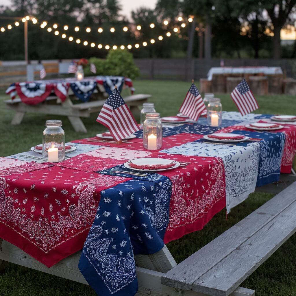 A photo of a large outdoor picnic table covered with a colorful patchwork tablecloth made from red, white, and blue bandanas. Each bandana is sewn or tied at the edges, creating a checkerboard pattern full of paisley prints and bold solids. The table is set with mason jar lanterns and American flags. In the background, string lights twinkle softly as the evening begins to fall.