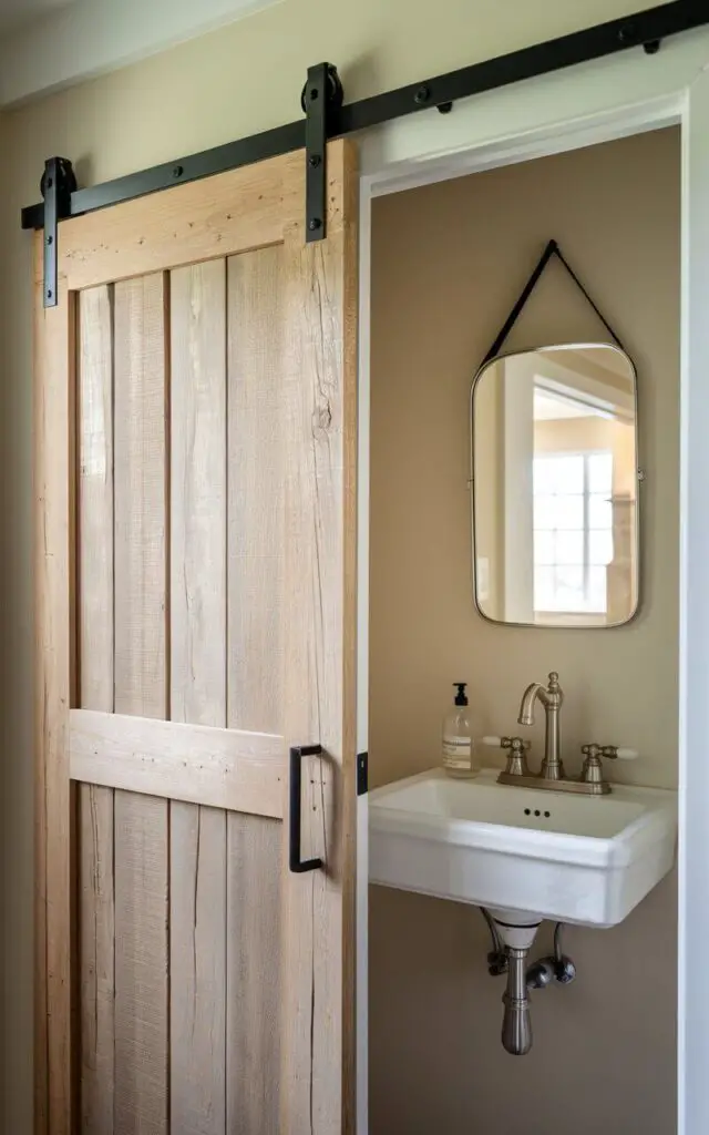 A photo of a small powder room with a rustic sliding barn door. The barn door is made of natural wood and has a matte black hardware. The door is mounted on a soft white wall. Inside the room, there's a minimalist sink with a modern brushed nickel faucet. There's a clear soap bottle with a minimalist design on the sink. A simple, frameless mirror is hanging on the wall. The room has an open, airy feel, and the bright open sliding door reflects the entryway in the background.