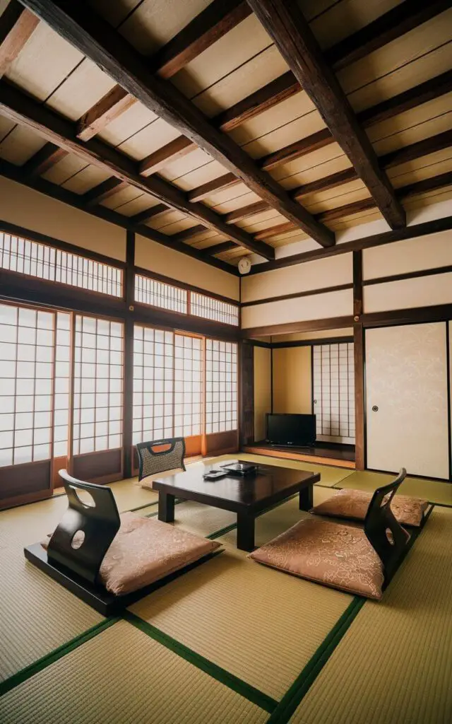 A photo of a Japanese living room with a low platform sofa and a chabudai table. The ceiling has beautifully aged wooden beams. The room has a tatami mat, shoji screens, and white plaster walls. The room is filled with warm natural light. A black television is seen placed on a dark brown wooden tv stand.