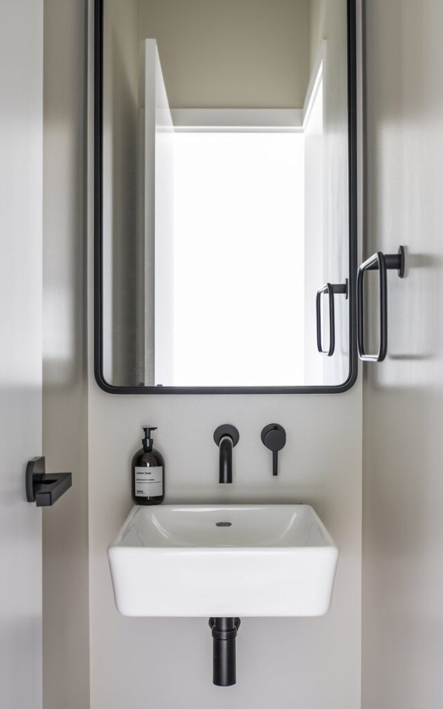 A photo of a small powder room with light-colored walls and black accents. The room has a modern faucet in matte black, a simple white vessel sink, and a black-framed mirror above the sink. There is a small soap bottle with a minimalist black label beside the faucet. The room has a sleek black towel bar and white walls. The mirror reflects a bright open white door in the background, which shows an entryway, enhancing the overall open feel of this compact, trendy space.