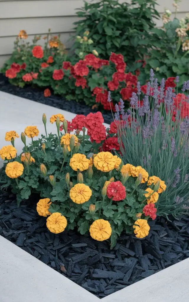 A photo of a flower bed in front of a house, using dyed mulch for a dramatic effect. The dark black mulch contrasts with golden marigolds, red geraniums, and pale lavender flowers. The bold ground cover makes the flower colors stand out crisply. The edges of the bed are precisely defined, creating a strong geometric frame around the planting. The mulch not only retains moisture but also adds a designer finish to the flower bed's layout. This garden style is high-impact and low-maintenance.