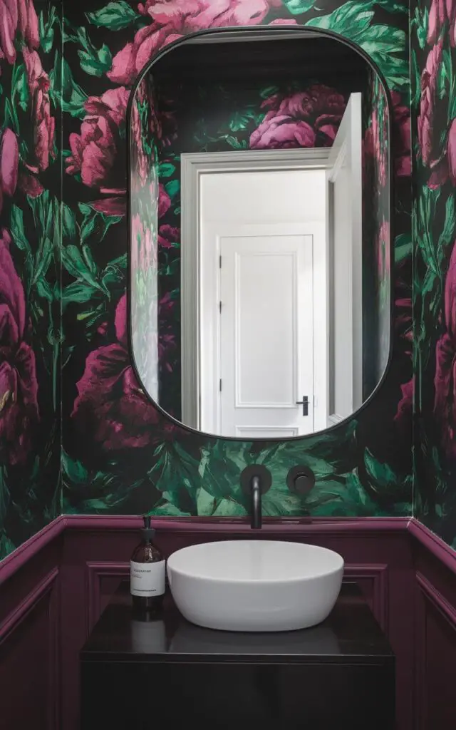 A vibrant small powder room bursts with character, featuring a dramatic, oversized floral wallpaper in deep jewel tones of emerald, plum, and gold. The design wraps the entire space, from baseboard to ceiling, creating an enveloping effect. A sleek, wall-mounted modern faucet in matte black complements a minimalist white vessel sink that rests on a compact vanity. Beside it sits a clear soap bottle with minimalist labeling. Above the sink, a large rounded-edge mirror reflects the bright open white door on the background which shows an entryway, adding depth and inviting natural light into the moody space. The room's palette is rich but refined, with bold choices tempered by clean lines and minimalist hardware.