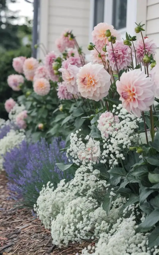 A photo of a close-up shot of a flower bed in front of a house. The flower bed is neatly decorated with a mix of bold and delicate blooms. Towering dahlias with large, intricate petals make a statement, while fine baby's breath dances around their base in clouds of white. The contrast in scale and texture is dramatic yet balanced. Nestled in between are hints of lavender and trailing lobelia, adding color and scent. The mulch is fine and evenly distributed, keeping the look neat. The interplay of soft and strong elements makes this flower bed both elegant and intriguing.