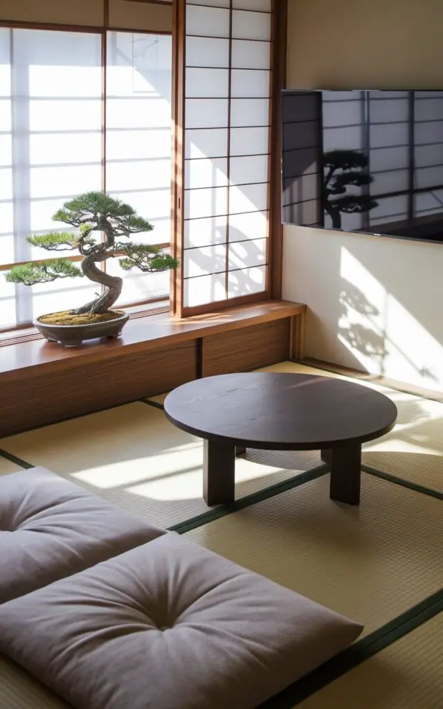 A photo of an elegant Japanese living room with a minimalist layout. A small bonsai tree sits atop a wooden ledge by the window, with its delicate branches pruned into a graceful arc. A Japanese low platform sofa in pale gray and a circular chabudai table in dark walnut are placed at the center. Light pours through a shoji screen, casting faint shadows of the bonsai across the pale tatami floor. A large black television is mounted on the wall.