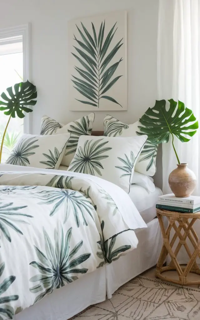 A summer bedroom filled with botanical charm. The cozy 5-star bed is layered with white sheets and a comforter printed with oversized palm leaves in soft green and sage. Matching botanical pillows add depth. A single monstera plant sits in a ceramic pot beside the bed. A botanical-print canvas hangs above the headboard, and a small rattan stool holds a stack of nature-themed books. Light from a nearby window enhances the fresh, tropical vibe of the space.