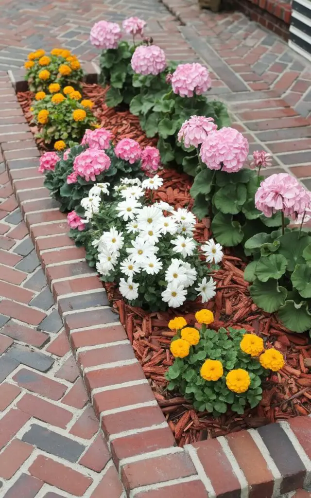 A photo of a charming flower bed neatly decorated in front of a house. The flower bed has a traditional brick border, laid in a staggered pattern. Inside the bed, there are pink geraniums, white daisies, and marigolds. The flowers are arranged in a harmonious palette. There is mulch spread between each plant to suppress weeds and highlight the colors. The edges of the flower bed are crisp and clean, giving it a manicured finish. The contrast between the red bricks and green foliage adds to its visual appeal.
