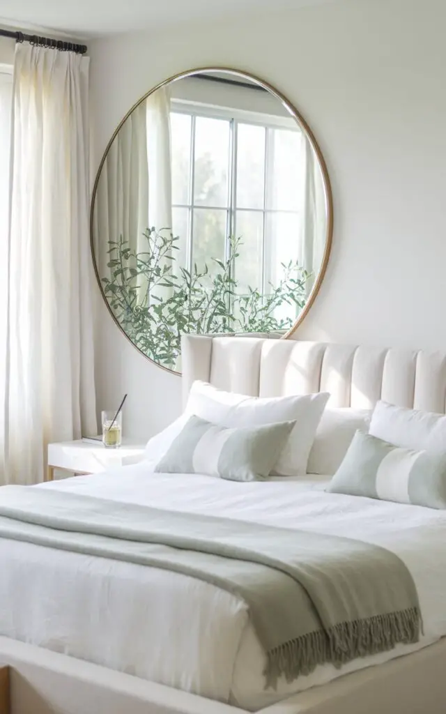 A photo of a bright and airy summer bedroom with a large round mirror hung opposite a sun-filled window. The room features a five-star upholstered bed layered in all-white linens, with a pale sage throw and matching pillows. The mirror reflects both light and greenery from a nearby plant, doubling the visual freshness. A minimalist nightstand holds a glass of infused water. The space feels open, luminous, and calm—perfectly capturing the essence of summer simplicity.