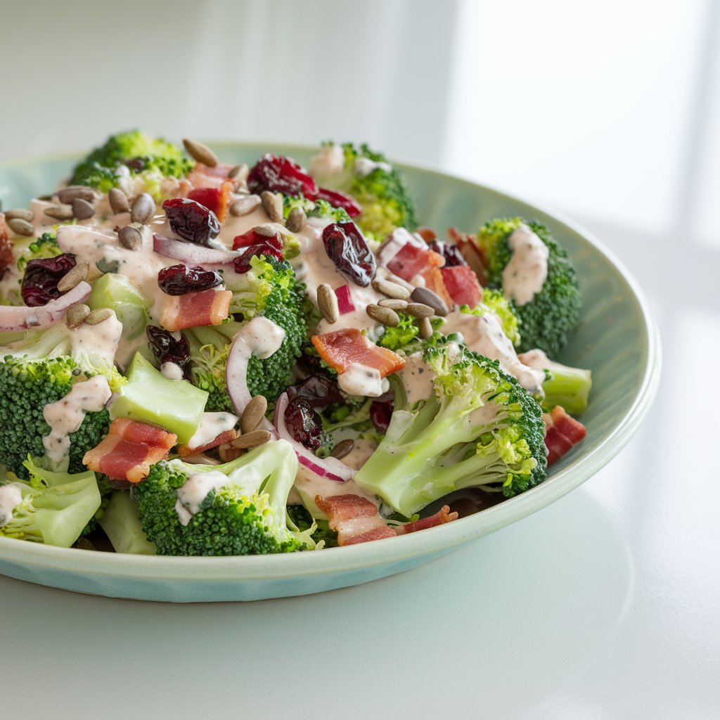 A photo of a summer salad with raw broccoli florets, golden bacon bits, finely diced red onions, dried cranberries, and sunflower seeds. The salad is tossed in a creamy mayonnaise-based dressing with a hint of tang. The salad is served in a wide, pale blue ceramic bowl and placed on a bright plain white kitchen countertop. The salad is illuminated by soft natural light, which catches the glossy dressing and creates subtle reflections on the crunchy bacon and seeds.
