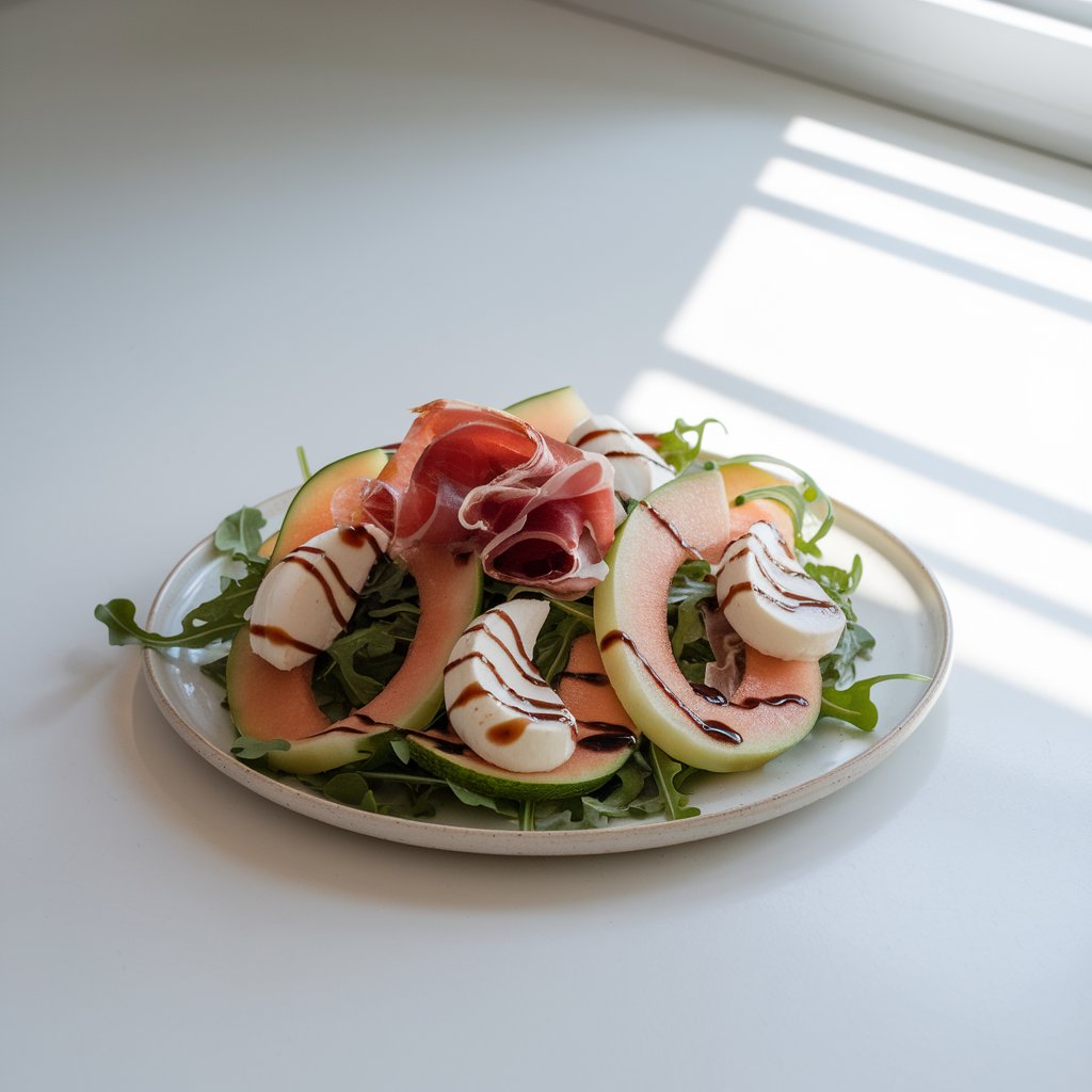 A photo of a summer salad with thin ribbons of cantaloupe, folded prosciutto, creamy mozzarella pearls, and arugula. A balsamic glaze is drizzled in delicate lines over the top. The salad is placed on a minimalist, low-profile white plate on a bright plain white kitchen countertop. Natural light streams in from the side, casting gentle shadows and illuminating the translucent slices of melon and delicate green arugula leaves.