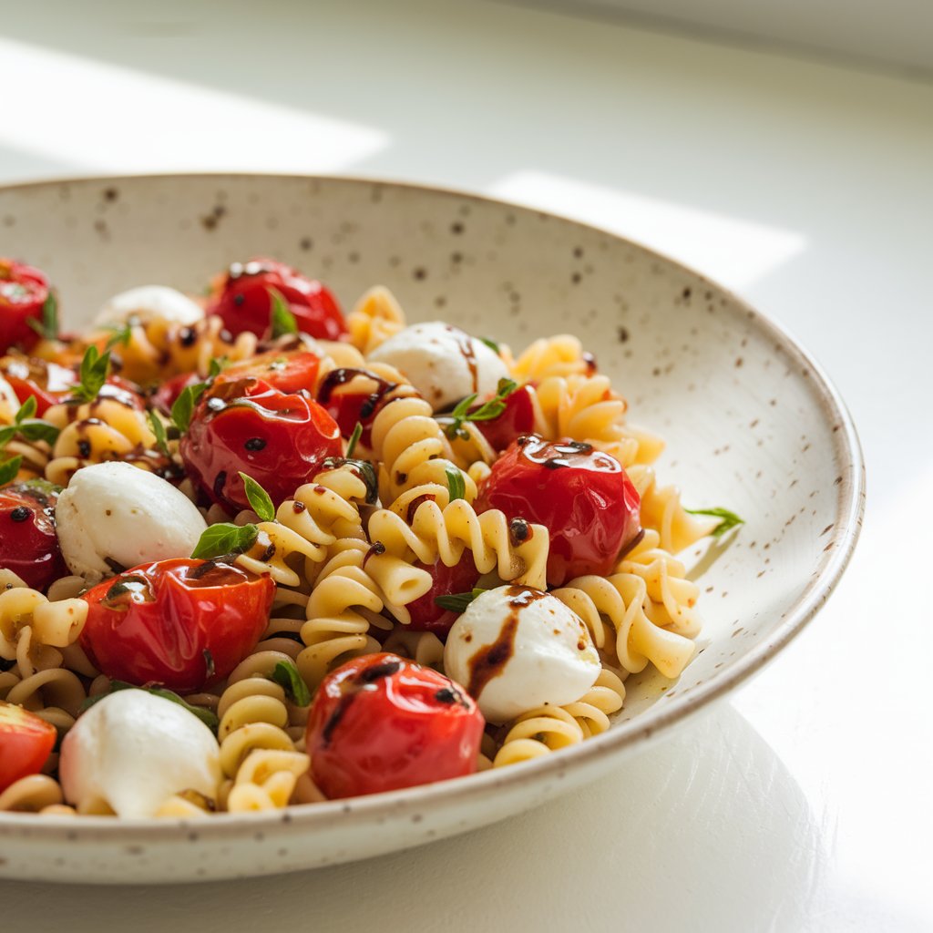 A close-up shot of short corkscrew pasta mingling with vibrant, blistered cherry tomatoes, bite-sized small mozzarella balls, and tiny chopped basil leaves. The pasta and ingredients are glistening under a balsamic vinaigrette. The dish is arranged in a low white bowl with flecks of pepper and balsamic visible. The bowl is placed on a bright plain white kitchen countertop. Soft natural light from above gives the mozzarella a milky glow and enhances the shine on the tomatoes' skins.