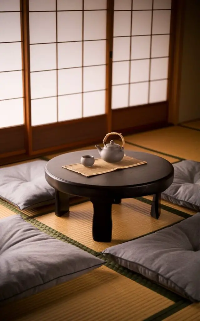 A cozy and inviting Japanese living room with a traditional chabudai—a short, round wooden table. The chabudai sits on a woven tatami mat surrounded by soft zabuton floor cushions in muted gray tones. A delicate teapot and matching cups are arranged neatly atop the table, suggesting the space is ready for tea and conversation. Sliding shoji screens filter in warm natural light, enhancing the calm, minimalist ambiance. The setting balances intimacy with spaciousness, characteristic of Japanese design, creating a grounded atmosphere that encourages meaningful human connection while adhering to minimalist lifestyle ideals.