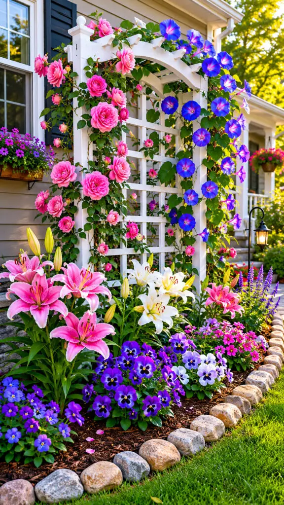 Charming garden with white trellis and flowers