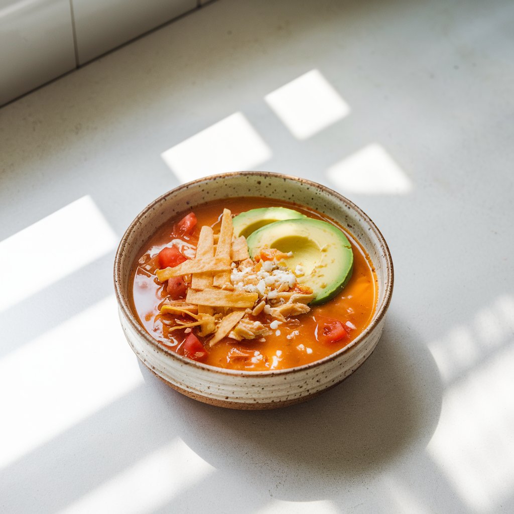 A photo of a clear-broth orange summer soup with shredded brown grilled chicken, diced tomatoes, avocado slices, queso fresco, and tortilla strips floating on the surface. The soup is served in a rustic ceramic bowl, placed perfectly on a bright plain white kitchen countertop. The soup glistens under soft natural light entering from above, casting gentle shadows and highlighting the colorful toppings and clean summer vibe.