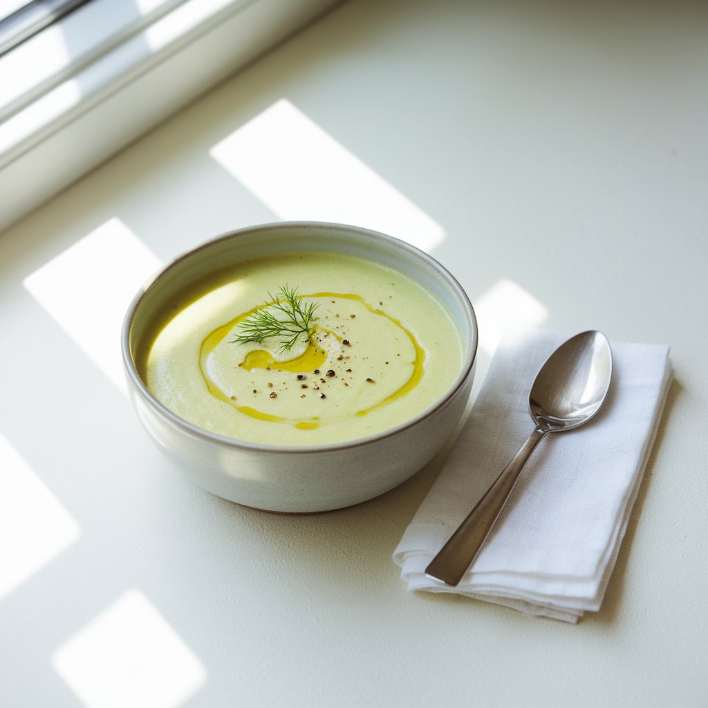 A photo of a round gray ceramic bowl filled with pale green creamy summer soup. The soup has a velvety texture and is garnished with a delicate swirl of olive oil, a sprig of fresh dill, and a few cracked black pepper flakes. The bowl sits centered on a bright plain white kitchen countertop. Beside the bowl lies a silver spoon with a white linen napkin. Natural light streams from a left-side window, creating soft, directional shadows that highlight the soup's smooth surface.