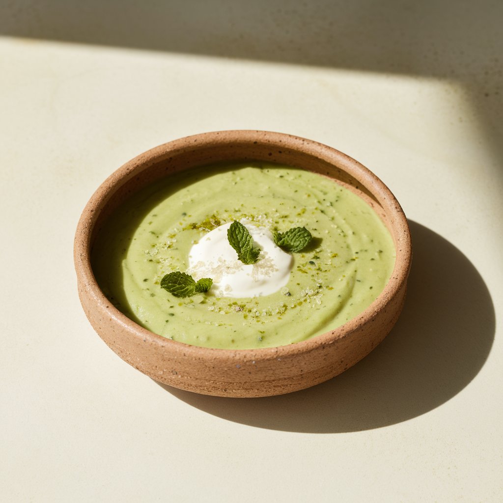 A photo of a smooth, pastel green summer soup in a rustic brown ceramic bowl with a raw clay rim. The bowl sits directly on a bright plain white kitchen countertop. A dollop of Greek yogurt is gently placed in the center, surrounded by tiny mint leaves and a sprinkle of sea salt. The bowl casts a soft shadow from the natural light coming from the left side, giving depth and contrast to the composition. Tiny green specks are seen all over the soup.