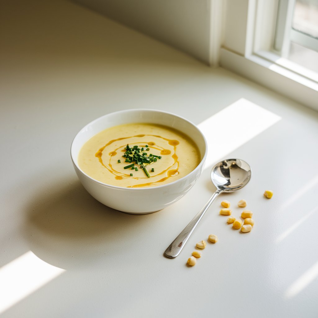 A photo of a light, buttery yellow summer soup in a sleek white porcelain bowl on a bright plain white kitchen countertop. The soup is garnished with chopped chives and a swirl of oil. A small silver ladle sits next to the bowl, and a few raw corn kernels are sprinkled casually nearby. The smooth, creamy surface reflects soft natural light coming from a side window, creating a luxurious feel with warm, golden undertones that echo the soup's sweet corn base.