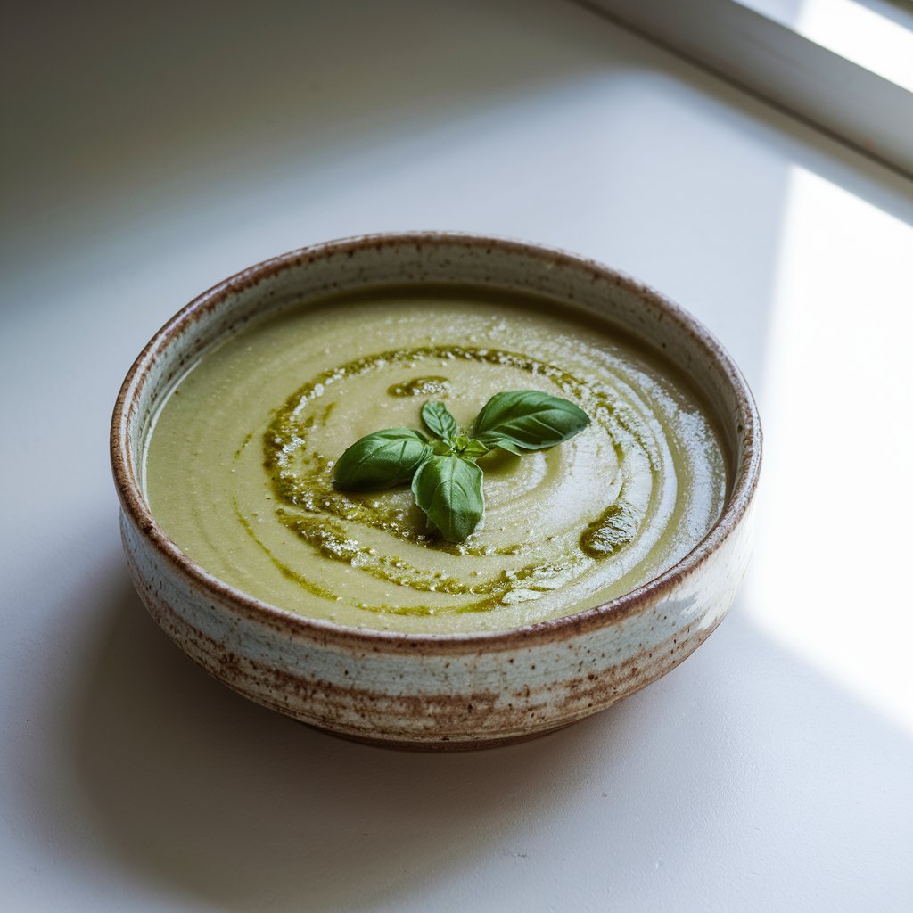 A photo of a smooth, muted green summer soup ladled into a stoneware bowl with a hand-glazed, slightly uneven edge. The bowl rests on a bright plain white kitchen countertop. A swirl of homemade basil pesto floats on the surface, creating a vivid marbled pattern. A scattering of fresh basil leaves adds a touch of rustic charm. Natural light from the right side emphasizes the bowl's gentle curves and the texture of the soup's surface.