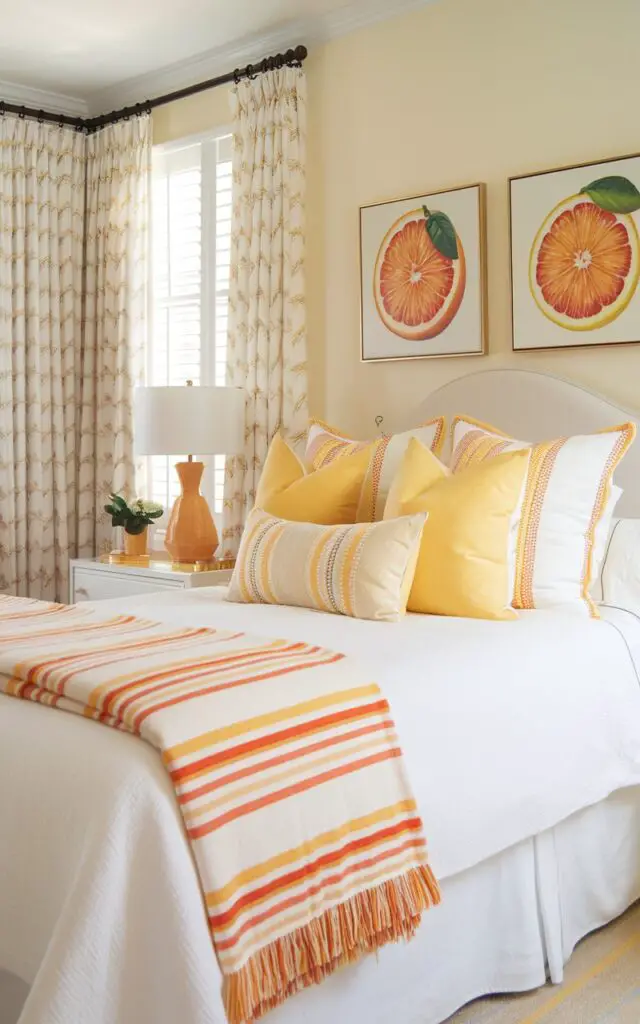 A photo of a vibrant summer bedroom filled with energetic citrus hues. The cozy 5 star bed features white bedding accented with lemon-yellow and tangerine-orange pillows. A striped citrus-toned throw blanket is draped casually at the foot. The walls are painted a soft cream, with artwork showcasing oranges and grapefruits adding a playful, sunny flair. Light floods the space through gauzy curtains, enhancing the cheerful and lively vibe.