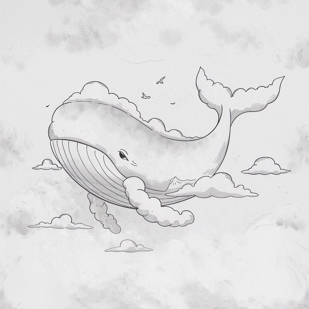 A minimalist, plain white background pencil drawing illustration of a whale made entirely from fluffy clouds. The whale is drawn in a simplistic style, with rounded, pillowy contours replacing typical solid lines. Light, wavy pencil strokes form the cloud-like texture, making the whale appear soft and airy. Small birds flying nearby help emphasize its gentle scale in the sky. The whale's calm expression and upward-curved tail add whimsy, while its soft, seamless form blends smoothly into the white background, enhancing its dreamlike quality.